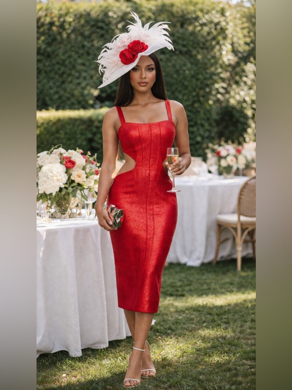 ❤️Showstopper❤️ Red Metallic Bandage Backless Midi Dress